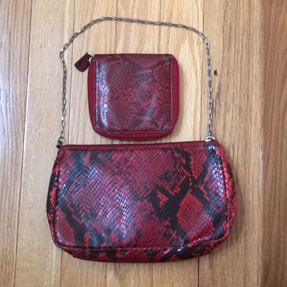 Red faux snakeskin clutch with wallet